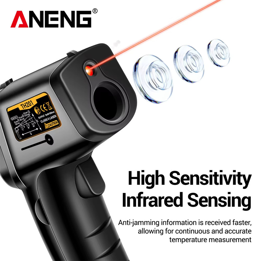 ANENG TH201 Digitales Infrarot-Thermometer mit Hygrometer in Orange-Schwarz zur berührungslosen Temperaturmessung von -50 bis 400 °C für Industrie und Haushalt - Bild 6