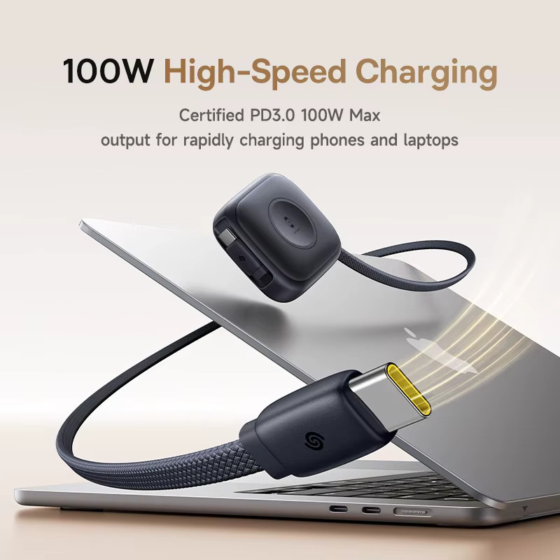 Baseus 100W USB-C Schnellladekabel mit integrierter E-Watch Wireless-Ladefunktion für iPhone und MacBook in Schwarz und Beige - Bild 2