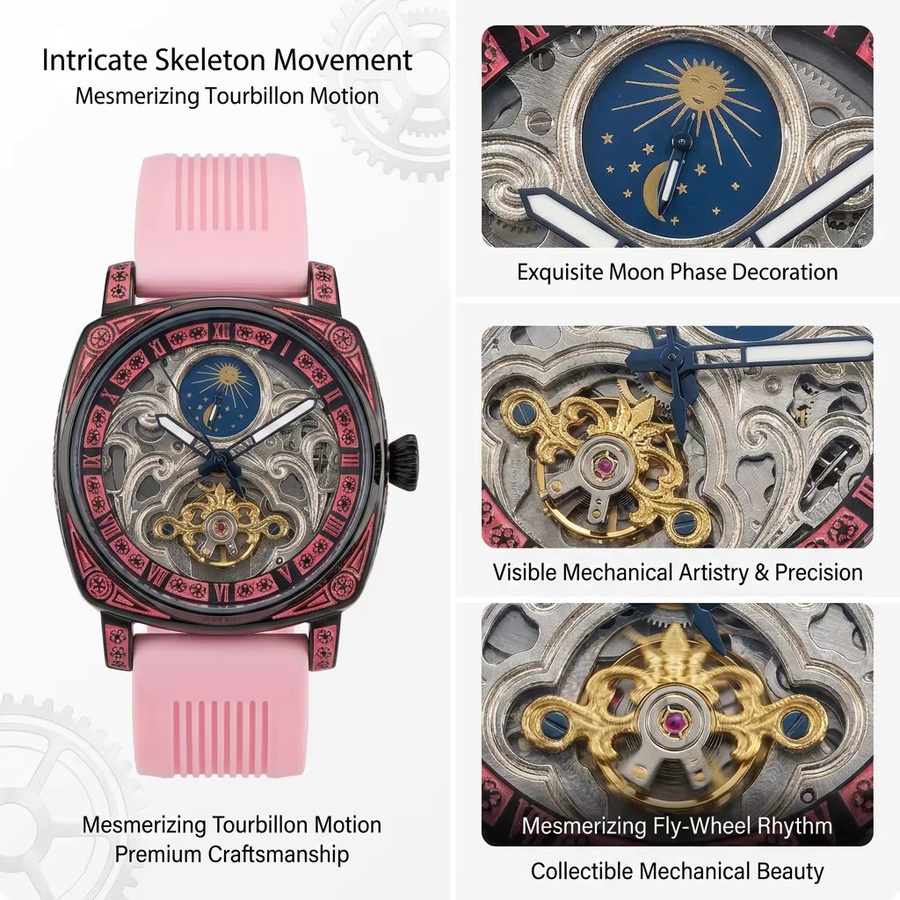 CAROTIF Armbanduhr, Mechanisch, Rosa Zifferblatt, Silikonarmband, Herren - Bild 5