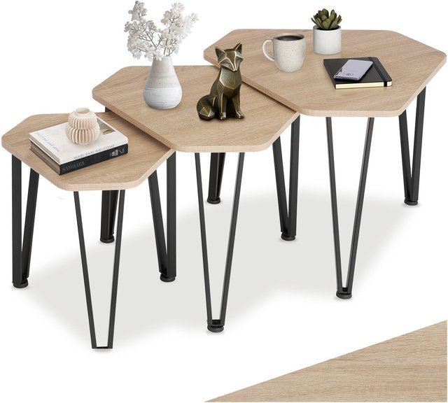 tectake Beistelltisch-Set Torquay 3-teilig im Industrial Style aus Holz und Stahl in Braun, B/T/H: 70 x 52 x 46 cm, 52 x 52 x 45,5 cm und 50 x 52 x 45,5 cm - Bild 1