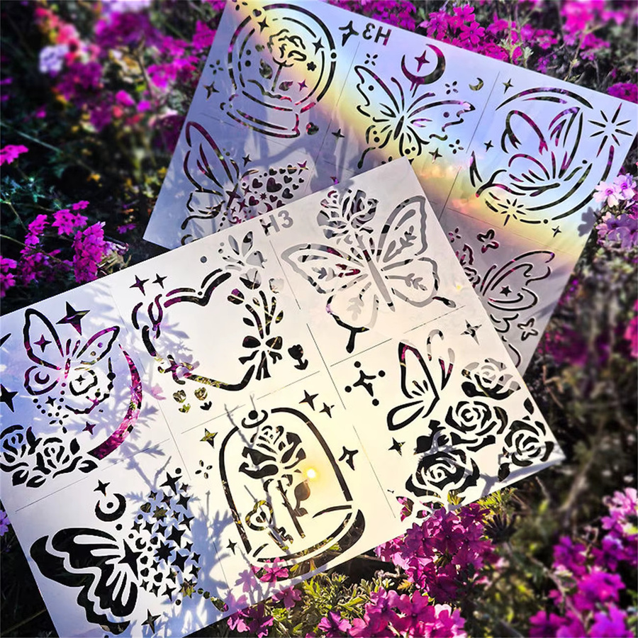 2 Stück Rosenblume Schmetterling Galaxie Hohlschablonen aus Kunststoff für Tagebuch, Planer und DIY-Projekte - Bild 2