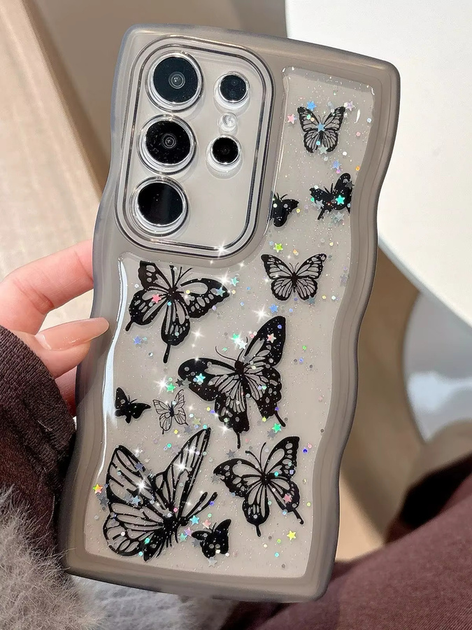 Glitzernde Handyhülle mit Sternenhimmel- und Schmetterlings-Design in Blau für Samsung Galaxy S22 S23 S24 S25 Ultra Plus FE mit unregelmäßigem gewelltem Rand und Anti-Drop-Schutz - Bild 4