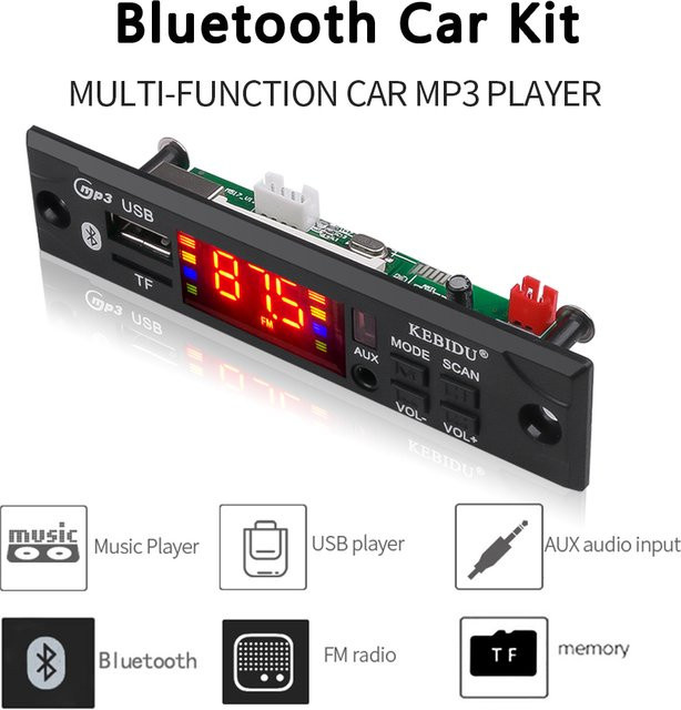Kebidu Bluetooth MP3 Decoder Board für Auto mit USB, TF und FM Radio, Schwarz - Bild 1