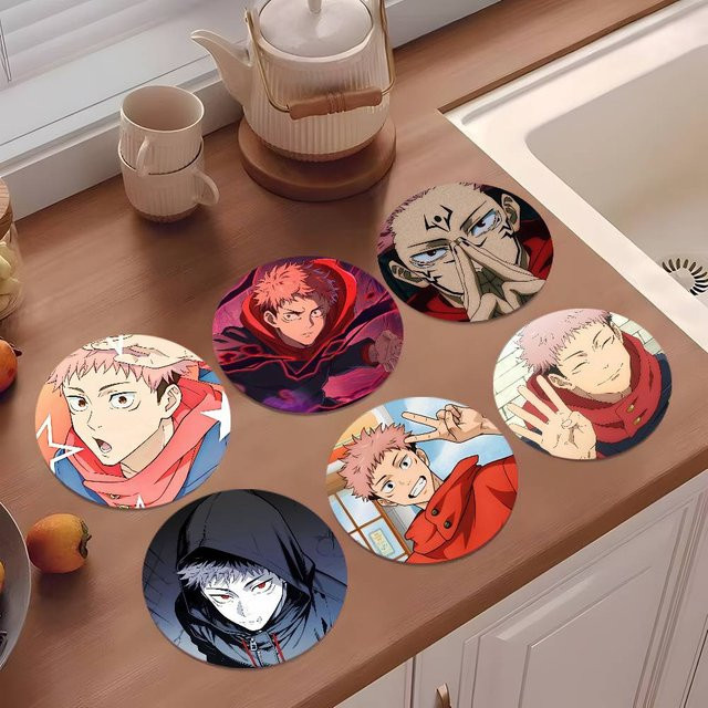 Runder Holz-Untersetzer mit Itadori Yuji Anime-Motiv, Durchmesser: 10 cm, Mehrfarbig - Bild 1
