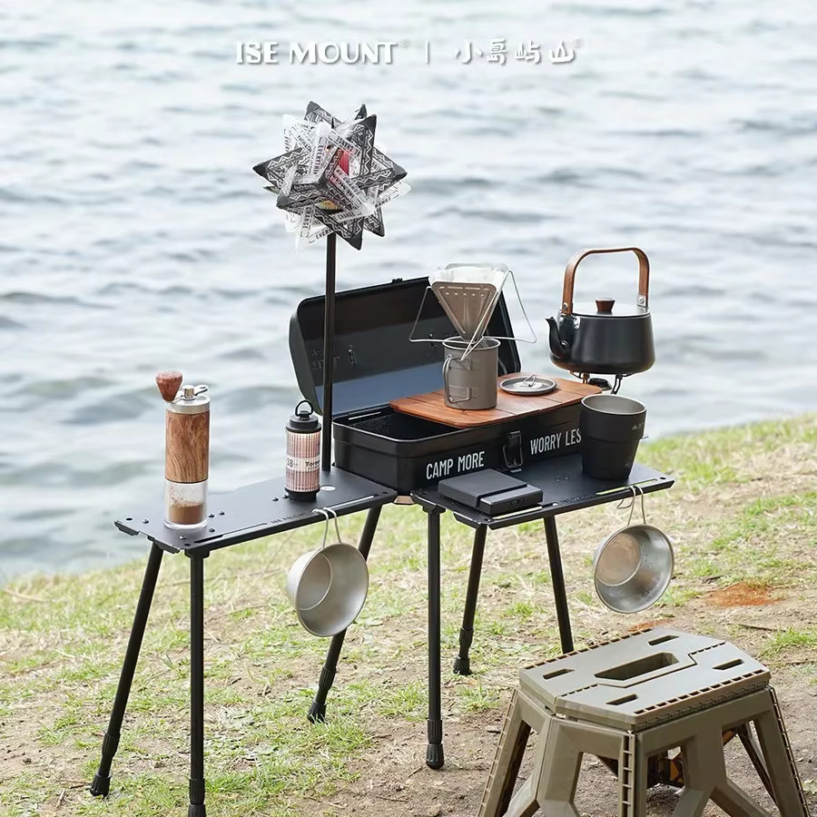 ISE MOUNT Outdoor Picknick-Klapptisch, tragbarer und erweiterbarer Camping-Tisch aus Metall in Schwarz mit Lichthalterung - Bild 2
