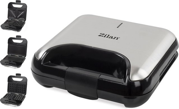 Zilan 3in1 Sandwichmaker Kontaktgrill und Waffeleisen mit Antihaftbeschichtung in Silber aus Edelstahl, 800W