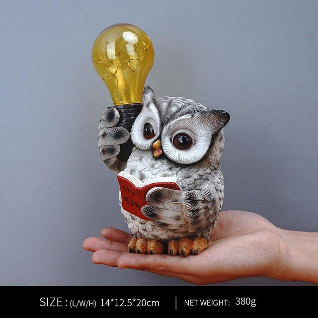 Yiran Furniture Eulen-Skulptur als Solar-Nachtlicht aus Kunstharz in Braun und Grau zur Dekoration von Garten, Hof und Heim - Bild 1