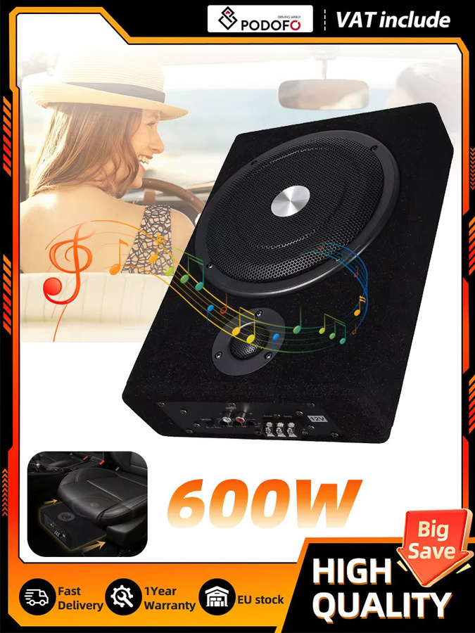 Podofo 8 Zoll Aktiver Auto-Subwoofer 600W Schlanker Unter-Sitz Bass-Lautsprecher in Schwarz - Bild 5