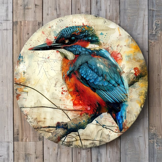 Potdemiel Eisvogel Wandkunst aus Aluminium, rundes Metalldesign in Mehrfarbig auf Weiß - Bild 1