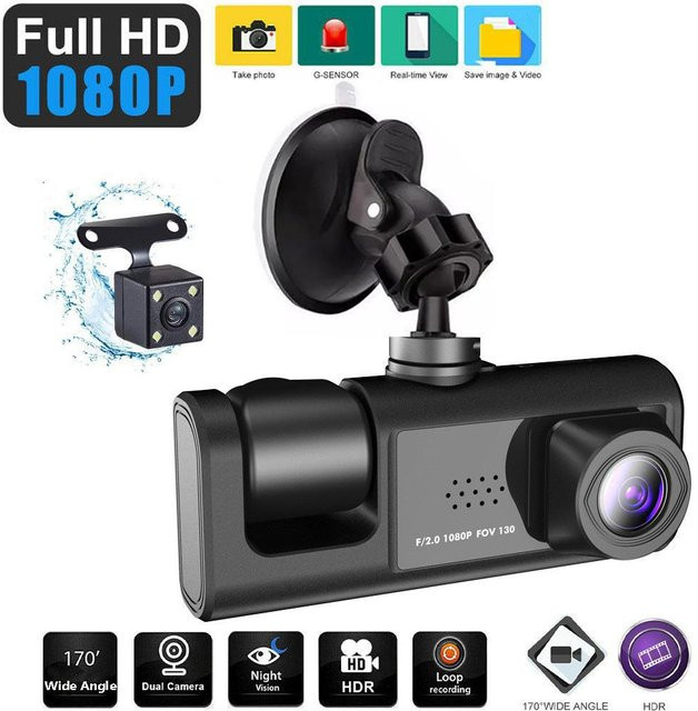 Icreative Auto DVR Dashcam mit 3 Kameras, Full HD 1080P, Dual Objektiv und 2,0 Zoll IPS Bildschirm, Schwarz - Bild 1