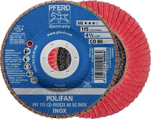 PFERD CO-FREEZE 80 SG INOX Fächerschleifscheibe, Durchmesser: 115 mm, Bohrungs-Ø: 22,23 mm, Körnung: 80, Mehrfarbig - Bild 1