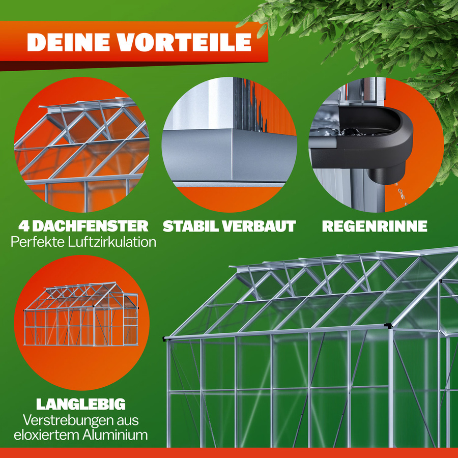Gardebruk Aluminium Gewächshaus mit Polycarbonat-Verglasung, 4 Dachfenstern und Regenrinne, B/T/H: 380 x 190 x 195 cm - Bild 2