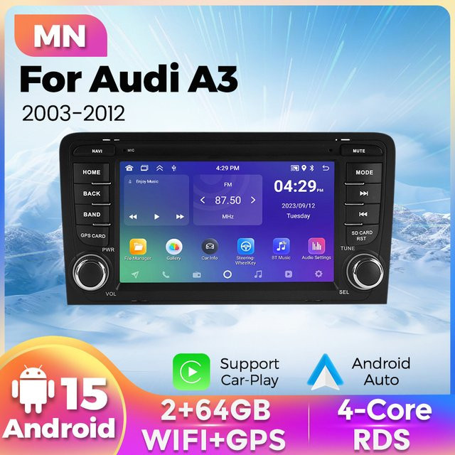 NaviTree Android 15 Multimedia Autoradio mit GPS und Kamera für Audi A3 8P 2003-2012, Drahtloses CarPlay und Android Auto, Schwarz - Bild 1