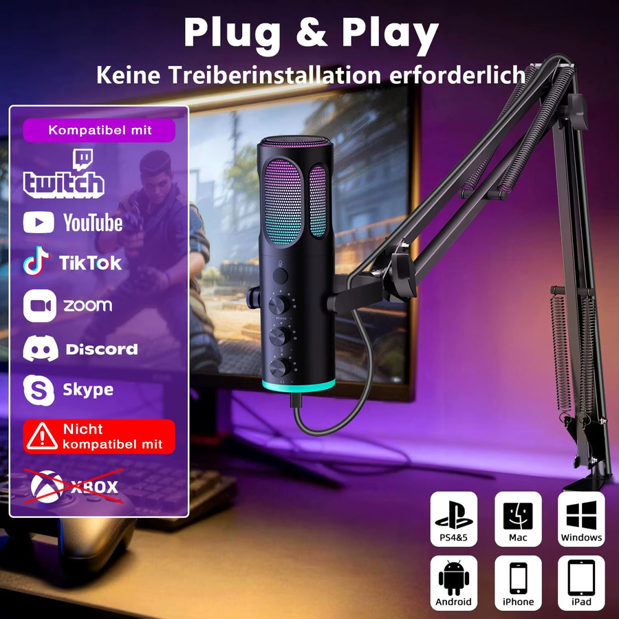 PUPGSIS USB-Kondensatormikrofon für PC, PS4/5 und Mac in Schwarz mit Geräuschunterdrückung, Stummschaltung, Reverb, verstellbarem Schwenkarm und Pop-Filter - Bild 4