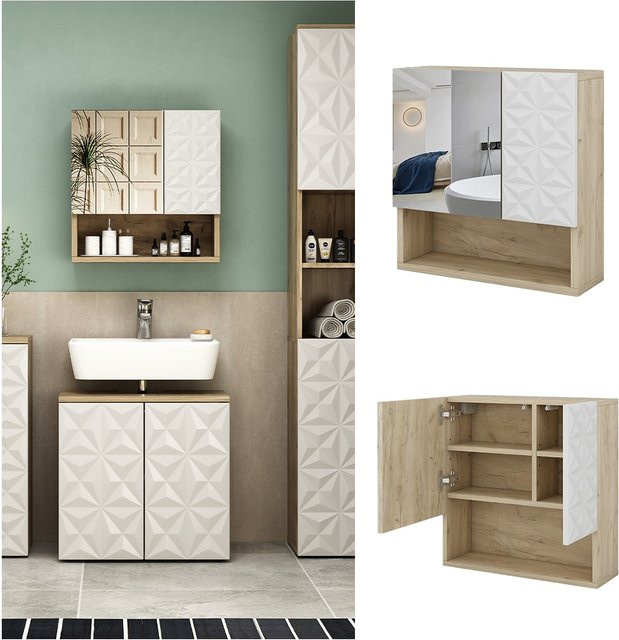 Vicco Spiegelschrank Edge Weiß/Eiche mit 2 Türen und offenen Fächern B/H: 54 x 55 cm - Bild 1