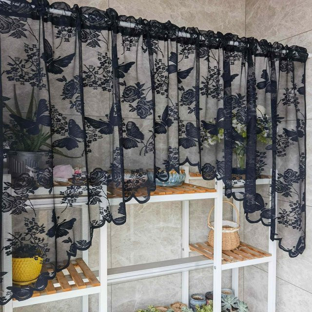 WPKIRA Spitzenvorhang Schmetterlingsdesign in Schwarz, transparentes Voile-Drape für Küche und Fenster, Höhe: 210 cm - Bild 1