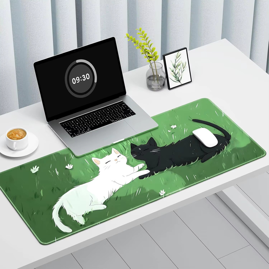 Cute Cat XXL Gaming-Mauspad in Grün, rutschfest und mit genähten Kanten für Desktop-, Laptop- und kabellose Mäuse - Bild 2