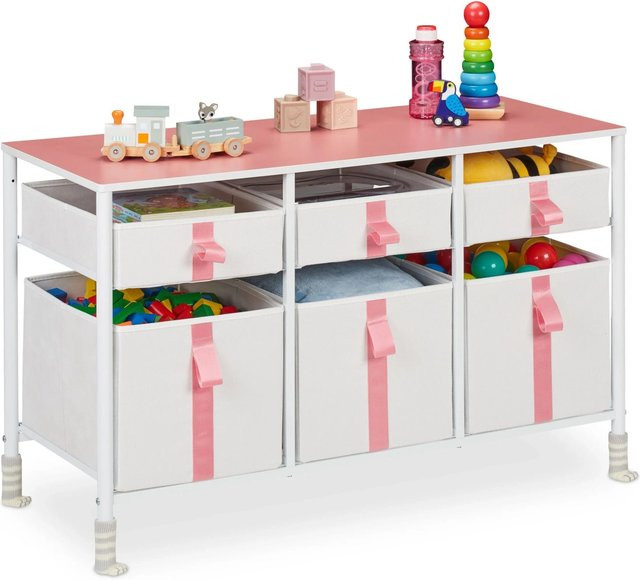 Relaxdays Kinderkommode aus Stahl in Weiß und Rosa mit 6 Schubladen, höhenverstellbar, B: 100 cm, H: 61,5 cm, T: 40,5 cm - Bild 1