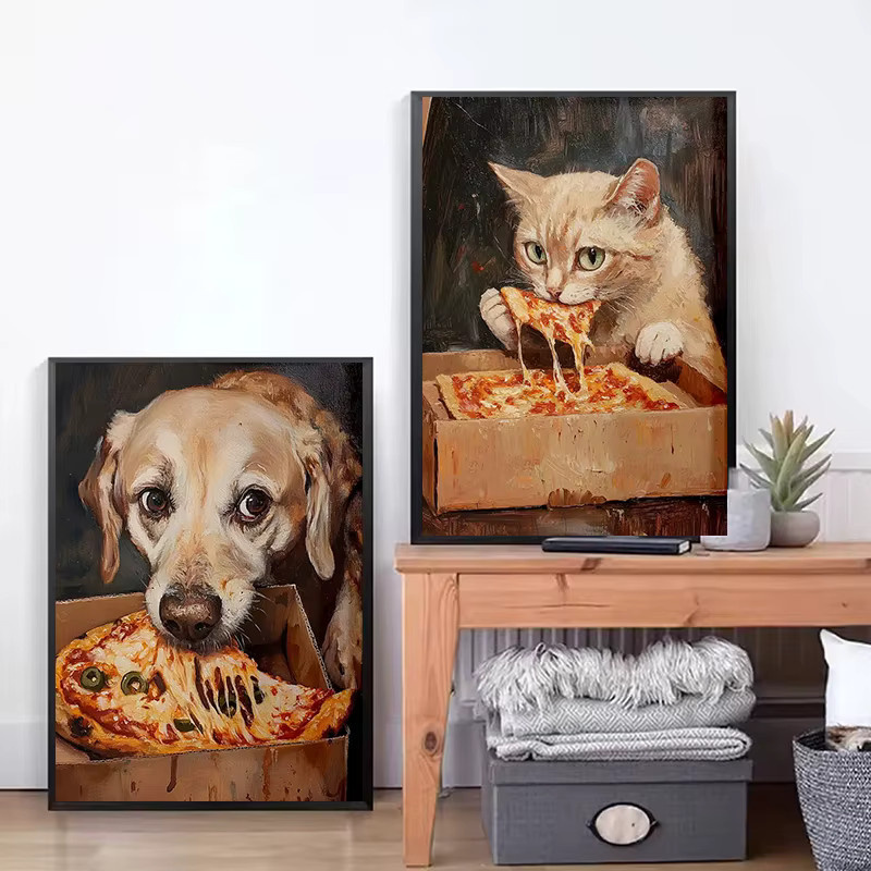 Potdemiel Vintage Leinwandgemälde mit Katzen- und Welpenmotiv beim Essen von Pizza und Burger in Multicolour - Bild 3
