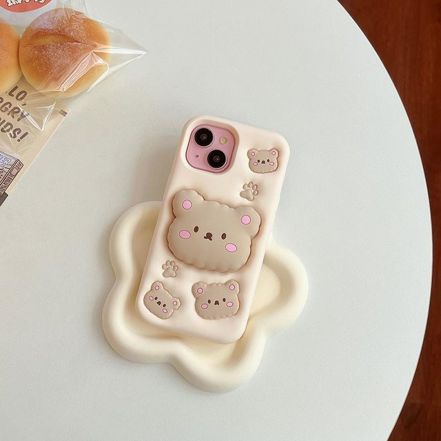 Binchi Health Electronics Kawaii Bärenhülle mit Ständer aus weichem Silikon für iPhone 12, Beige - Bild 1