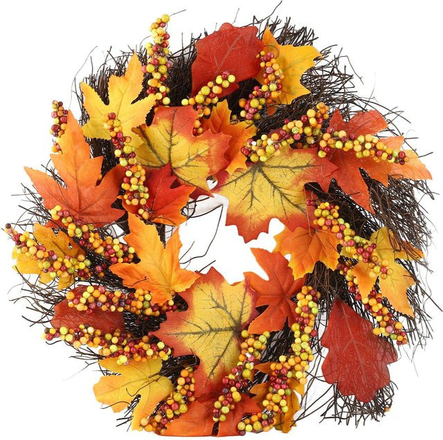 TOMTOP JMS Ahornblattkranz als Türhänger in Mehrfarbig für Herbst, Erntedank und Halloween mit Rattan-Elementen und floralem Design - Bild 1
