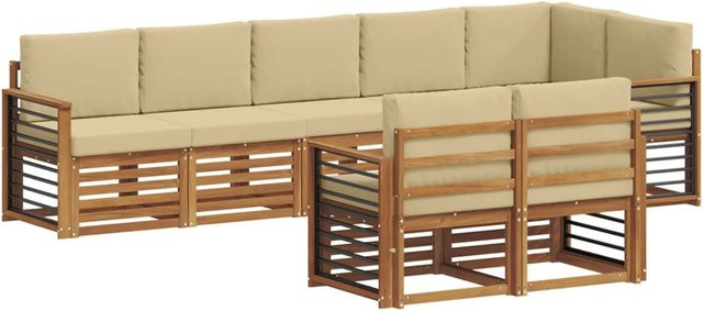 vidaXL Sofagarnitur 8-teilig aus Massivholz Akazie in Natur und Beige mit L-Form und Polsterkissen - Bild 1