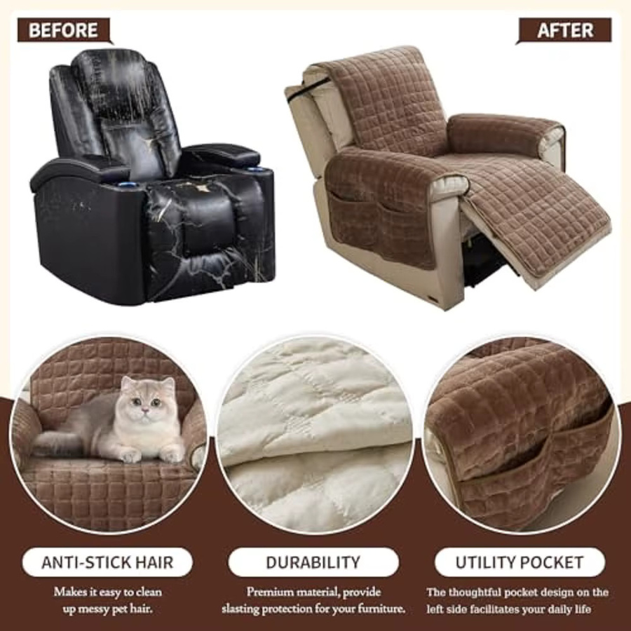 DUSTPROOFVEIL Gesteppter Stretch-Relaxsessel-Überzug mit seitlichen Aufbewahrungstaschen, wasserabweisend, Beige oder Braun - Bild 5