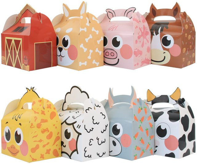 2 Stück Tier Motiv Süßigkeiten Boxen aus Papier für Kindergeburtstage in Kuh und Schwein Design, Mehrfarbig - Bild 1