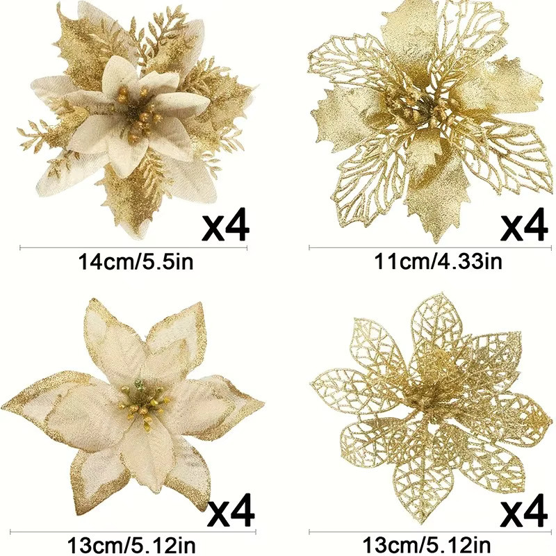 QIANHUAYU Weihnachtsbaum Anhänger Glitzer Pfingstrosen Kunstblumen in Gold und Silber für Weihnachtsdekoration und Neujahr - Bild 5
