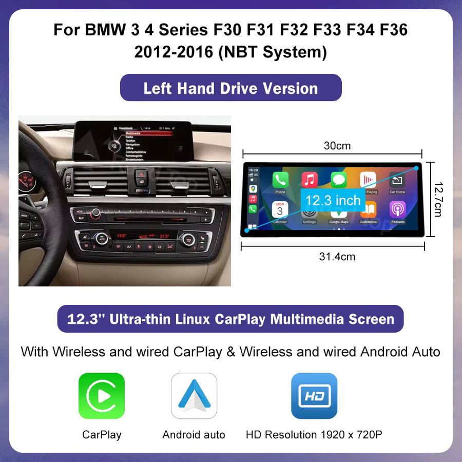 Road Top Multimedia Radio mit 12,3 Zoll Ultradünnem Bildschirm für BMW 1/2/3/4 Serie F20 F21 F22 F23 F30 F31 F33 F36 CIC NBT EVO Wireless CarPlay in Schwarz - Bild 6