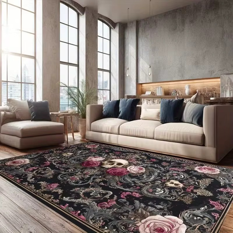 VIKAMA Teppich mit Totenkopf und Rosen im Dark Academia Vintage Design, rutschfest und waschbar, Multicolour, B: 120 cm, T: 80 cm - Bild 3