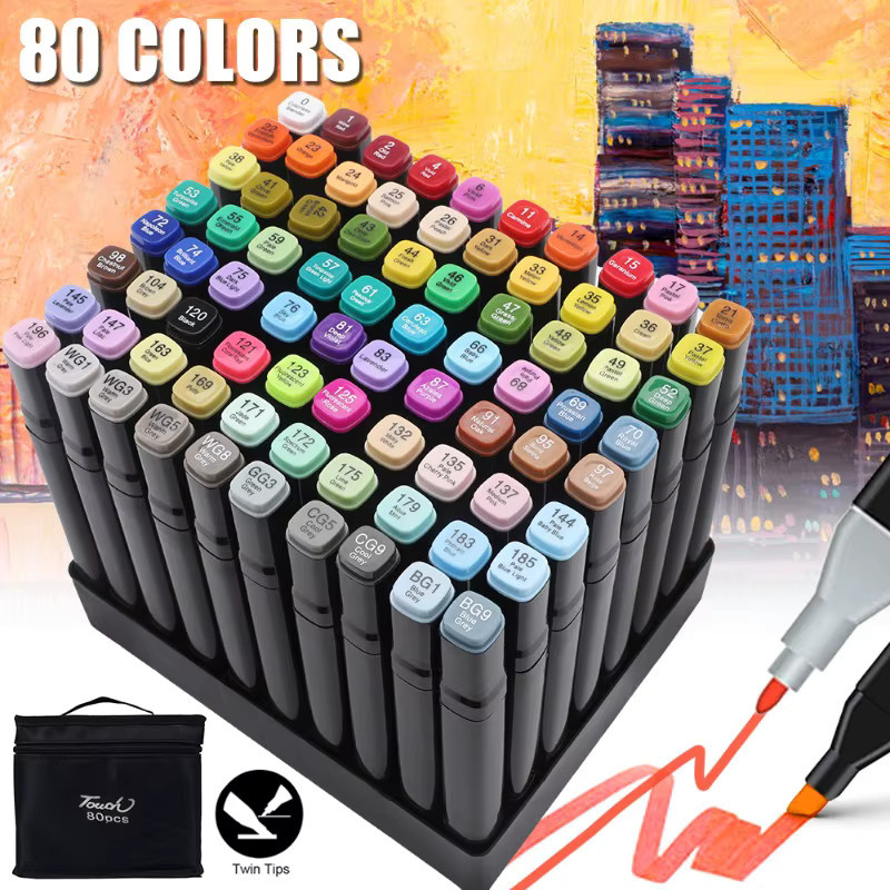 80 Farben Alkohol-Marker-Set mit Doppelspitze in Fein und Breit inklusive Ständer für Manga, Graffiti und Zeichnungen, Mehrfarbig - Bild 6