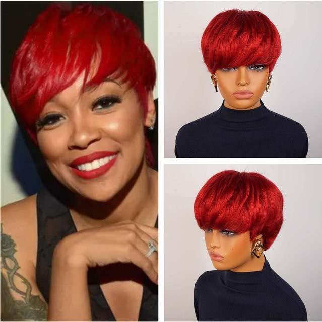 OYM HAIR Perücke, rote Echthaar-Perücke, Pixie-Schnitt mit Pony, Damen - Bild 1