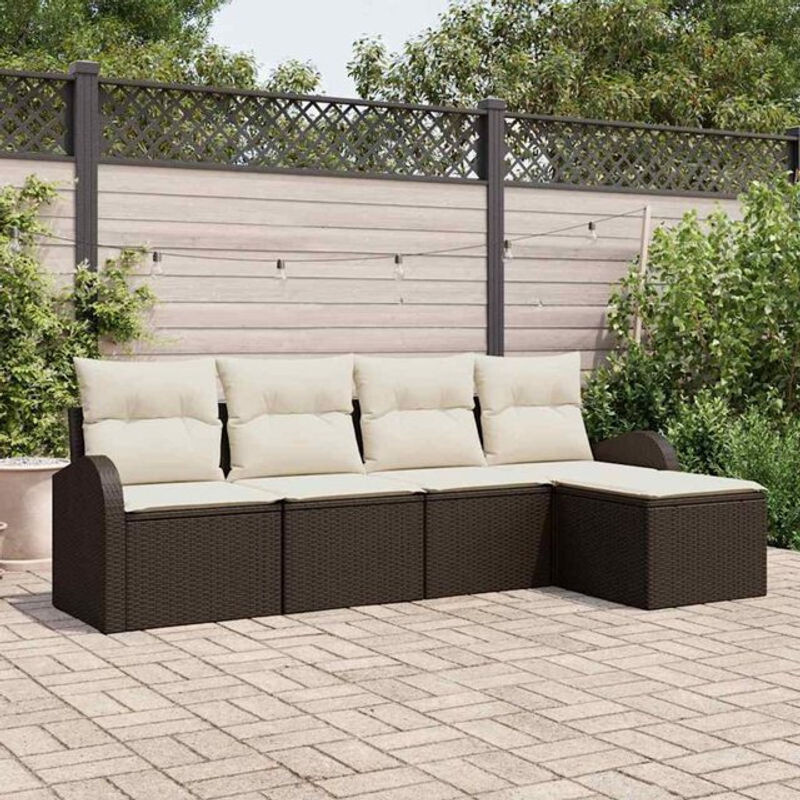 Vidaxl Garten-Sofa-Set mit 5 Teilen aus Poly-Rattan in Braun und Weiß mit Kissen - Bild 1