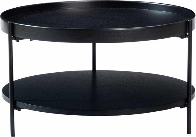 okwish Couchtisch aus Massivholz und Metall in Schwarz, runder 2-stöckiger Wohnzimmertisch, Durchmesser: 69 cm, Höhe: 38 cm - Bild 1