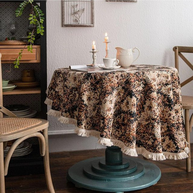 Runde Tischdecke aus Baumwollleinen von WW Clothing mit floralem Ölgemälde und Sonnenblumenquasten, Mehrfarbig, Durchmesser: 90 cm - Bild 1