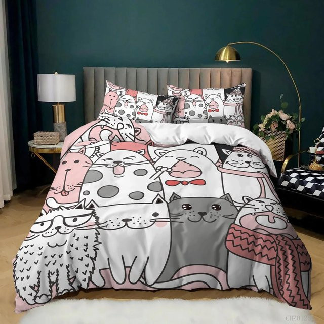 Bettbezug Set mit Cartoon Kätzchen Motiv, lustiges Doodle Design, 3-teiliges Einzelbettwäsche Set aus Polyester, B/H: 135 x 200 cm - Bild 1