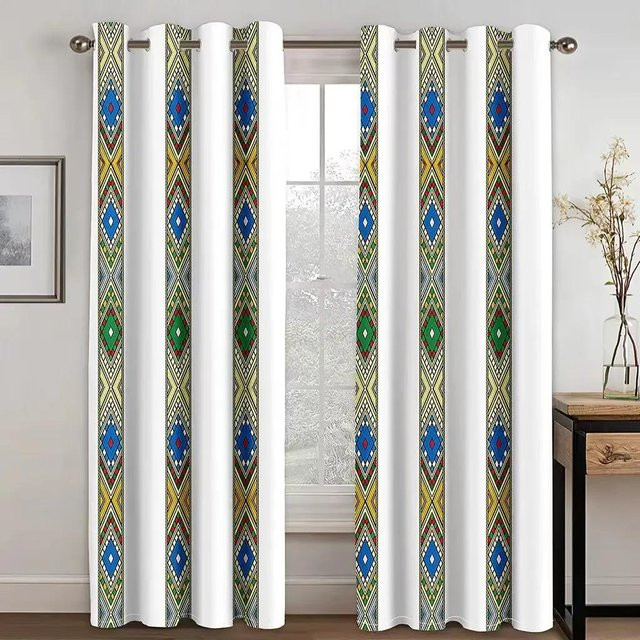 Yiran Furniture Vorhang-Set mit äthiopischem und eritreischem Fliesendesign aus Polyester, halbtransparent, Mehrfarbig, B: 50 cm, H: 130 cm, 2 Stück - Bild 1