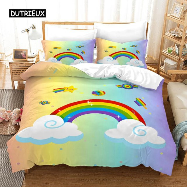 Regenbogen Bettwäsche Set für Baby und Kinder von Binchi Outdoor Product in Pastellfarben mit Kissenbezügen und Reißverschluss, Material Mikrofaser, B/H: 150 x 210 cm und 135 x 200 cm - Bild 1