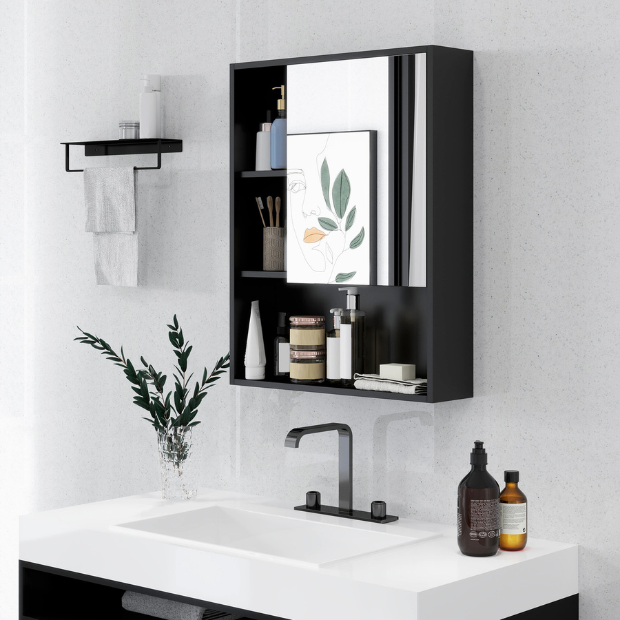 Kleankin Badezimmerschrank mit Spiegel und verstellbaren Regalen in Schwarz, Wandmontage, B: 60 cm, T: 15 cm, H: 76 cm - Bild 2