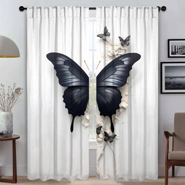 Zweierpack elegante Tüll-Zimmervorhänge mit Schmetterlings- und Blumenmuster von Household supplies MH, Farbe: Weiß, Breite: 50 cm, Höhe: 70 cm - Bild 1