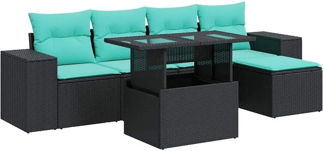 vidaXL 6-teilige Garten-Sofagarnitur in L-Form aus schwarzem Poly-Rattan mit UV-beständigen Kissen und pulverbeschichtetem Stahlgestell - Bild 1