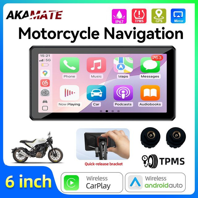 AKAMATE 6 Zoll Motorrad Monitor mit drahtlosem CarPlay und Android Auto, wasserdichter IPS Bildschirm mit GPS, Bluetooth und WiFi in Schwarz - Bild 1
