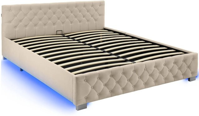 tectake Polsterbett Daytona in Samtoptik mit Steppmuster und indirekter LED-Beleuchtung, Farbe Sand, B/T/H: 217 x 187,5 x 50 cm, inklusive hochklappbarem Lattenrost und Stauraum - Bild 2