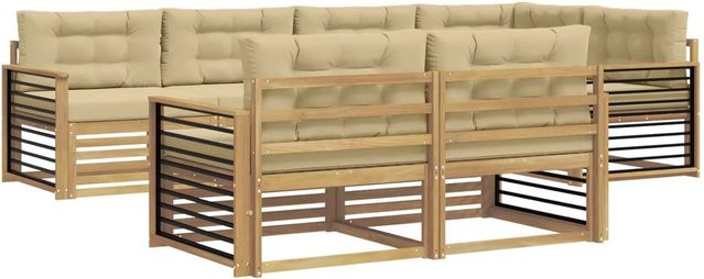 vidaXL 7-tlg. Outdoor-Sofagarnitur in L-Form aus Akazienholz mit Kissen in Weiß und Beige - Bild 1