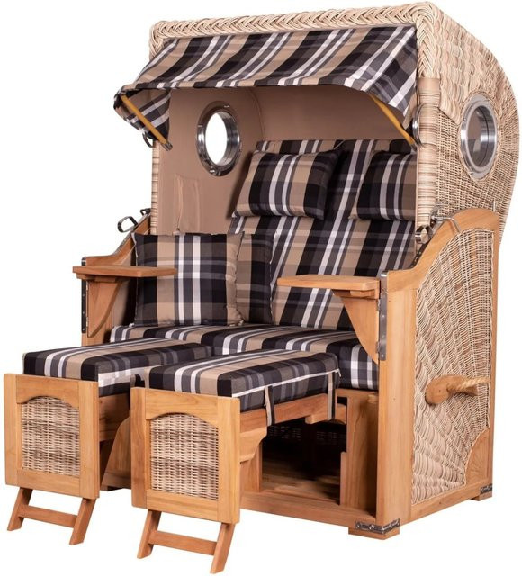 Bene Living Strandkorb Komplettset Ammersee Teak Bullauge PE Shell Modell 583 in Braun - Bild 1