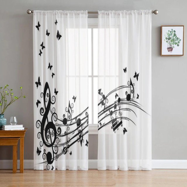 Transparente Tüllvorhänge mit Musiknoten-Design von A Family Of Home Textiles, Weiß, B: 135 cm, H: 244 cm - Bild 1