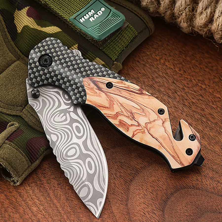 Outdoor Klappmesser mit Damaszener-Muster aus Edelstahl in Gelb für Erwachsene - Bild 4