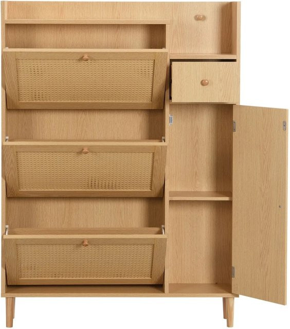 PXloue Schuhschrank mit Rattan-Optik und 3 Klappen sowie Schublade, Massivholzbeine, Natur/Beige, Breite: 90 cm, Höhe: 125 cm, Tiefe: 24,75 cm - Bild 1