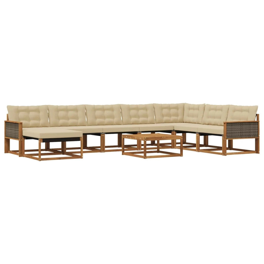 vidaXL Outdoor-Sofagarnitur aus Akazienholz in Natur und Beige, 9-teiliges L-Shape Set mit Textilene-Bezug und abnehmbaren Kissen - Bild 2